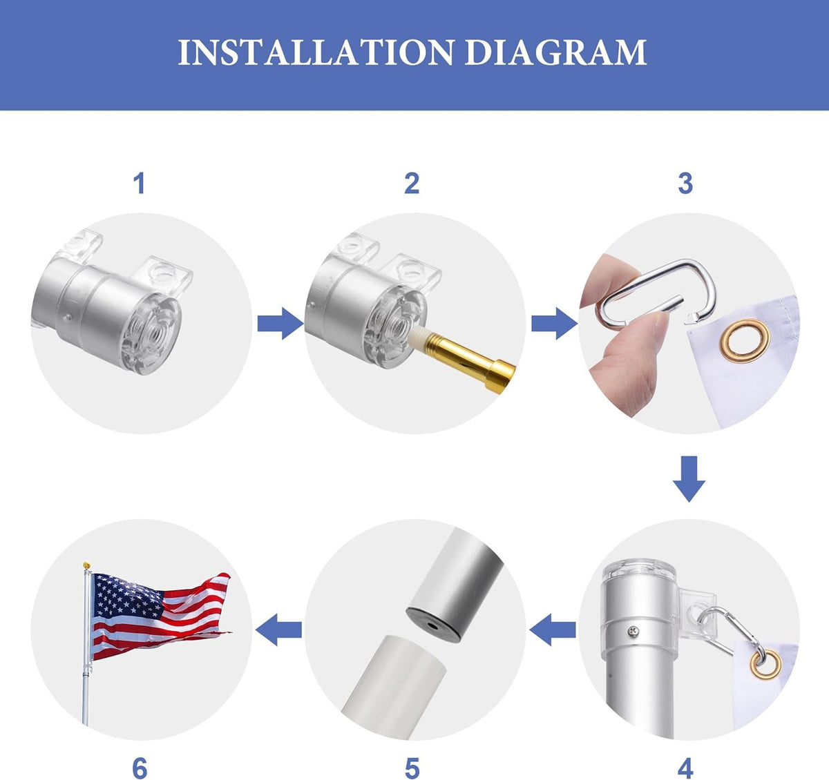 Installation diagram for Atlantic Flagpole Duty First heavy-duty flagpole in silver.