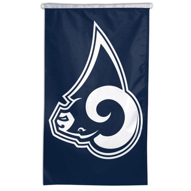 Blue Los Angeles Rams flag featuring team logo, made by Atlantic Flag & Pole Inc.