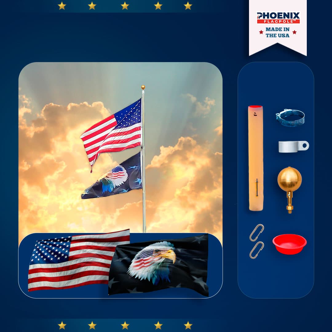 20' Black Bronze flagpole kit with Eagle flag and accessories by Atlantic Flagpole, showcasing patriotism and durability.