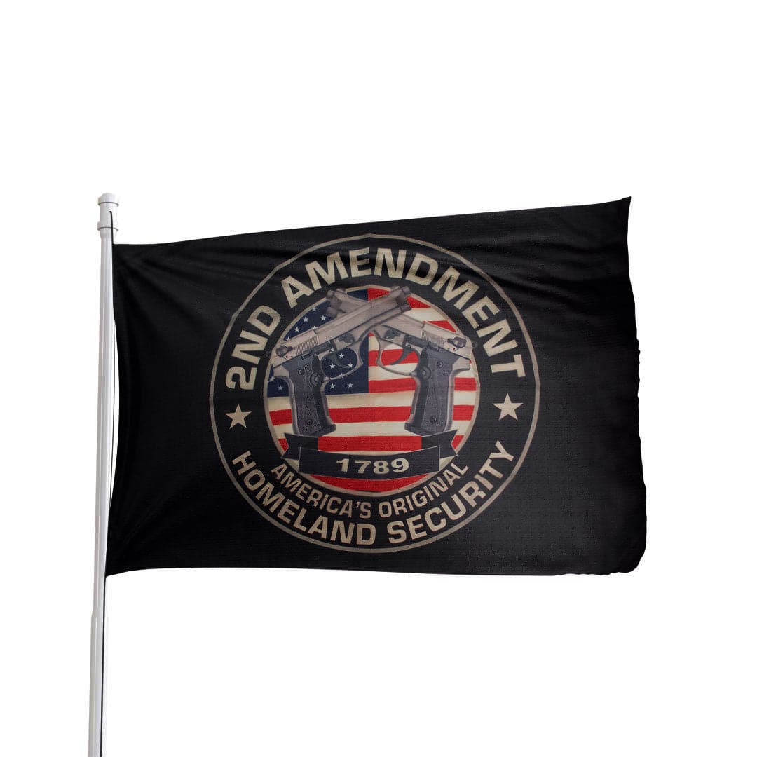 3x5 polyester flag featuring the Second Amendment design, by Flag Source, in red, white, and blue colors