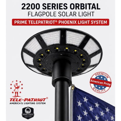 Infographic for the 2200 Series Orbital flagpole solar light with Tele-Patriot and Phoenix Flagpole logos