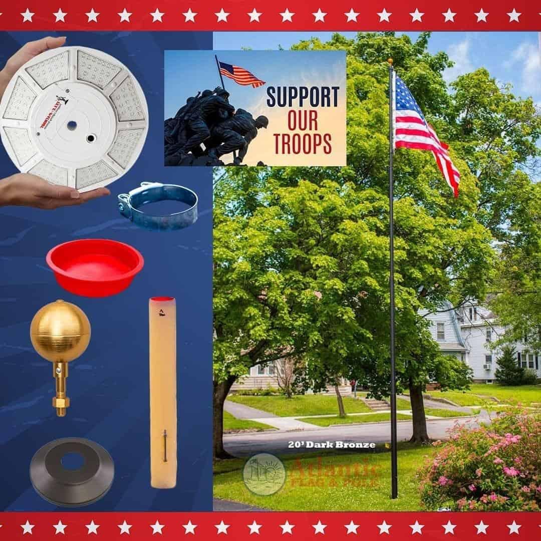 Telescoping flagpole package by Atlantic Flag & Pole, available in 15ft black bronze, silver, and 20ft black bronze options.