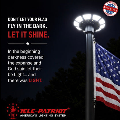 Tele-Patriot solar flagpole light illuminating an American flag at night