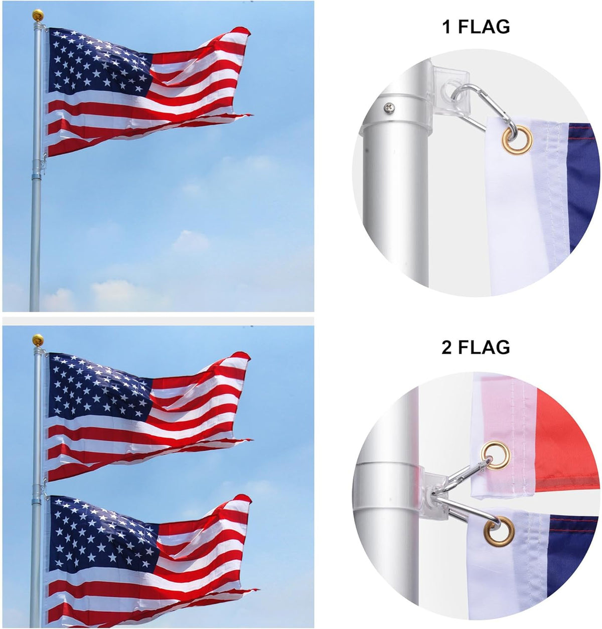 Heavy duty silver flagpole for American flag display with dual flag options and sturdy construction by Atlantic Flagpole.