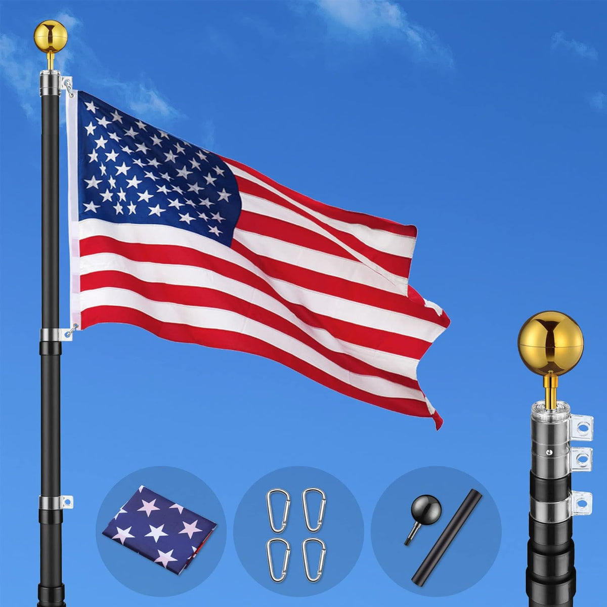 Heavy-duty black flagpole with American flag, gold finial, and stainless steel hardware by Atlantic Flagpole.