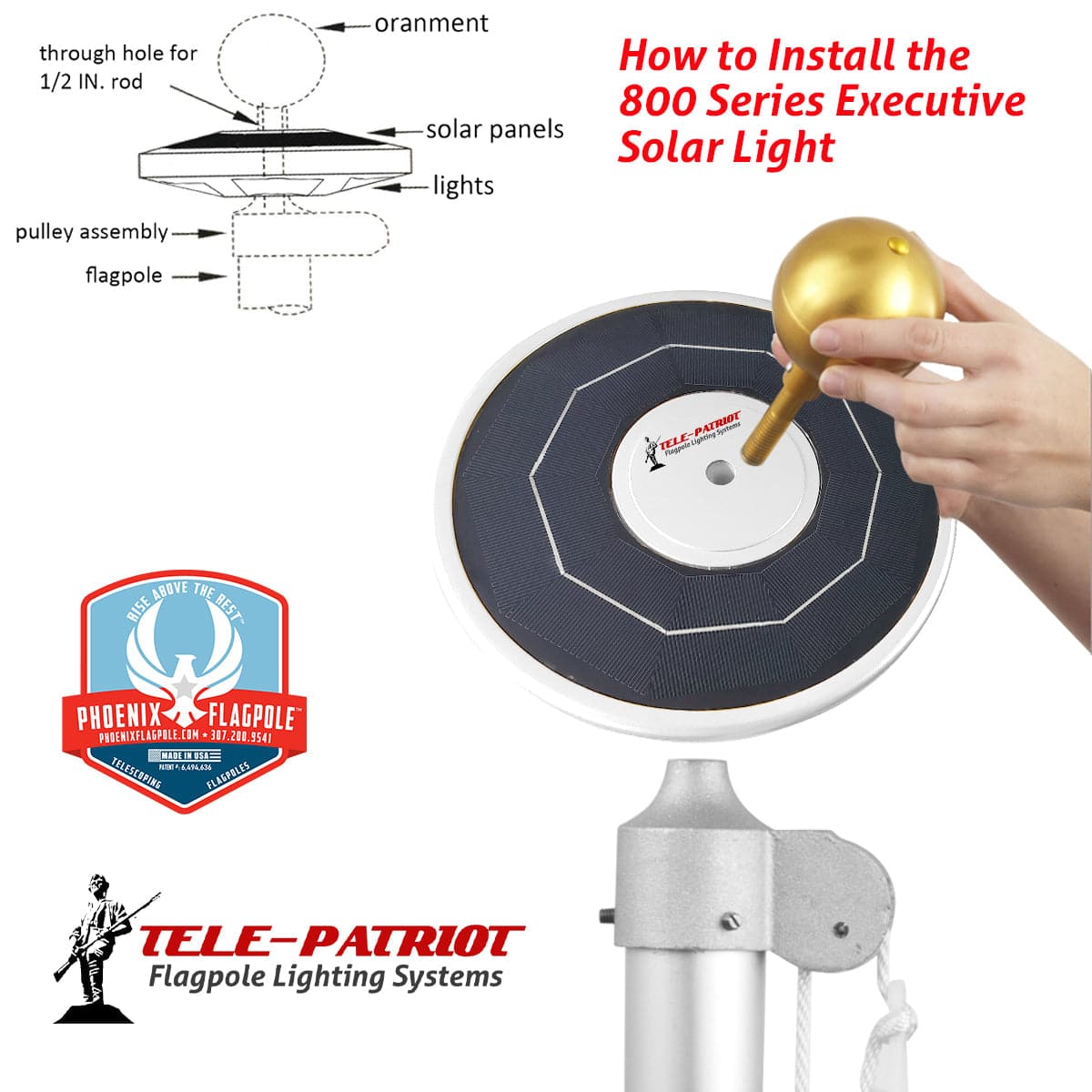 Atlantic Flagpole TelePatriot 800 Series solar light with 200 LEDs, IP65 waterproof, available in black, white, silver.