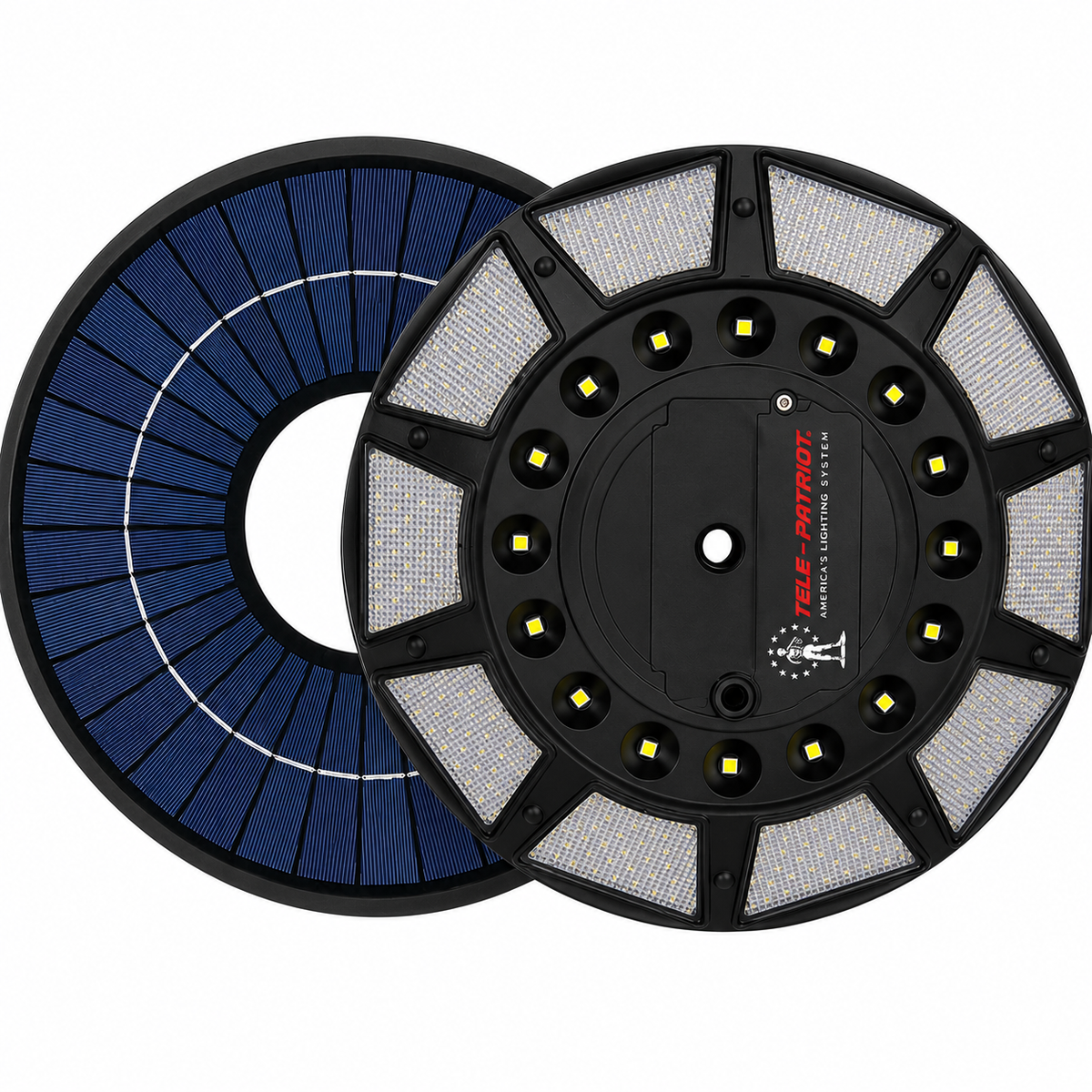 Tele-Patriot 2200 Series solar flagpole light showing solar panel face and LED face side by side