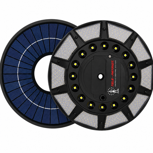Tele-Patriot 2200 Series solar flagpole light showing solar panel face and LED face side by side