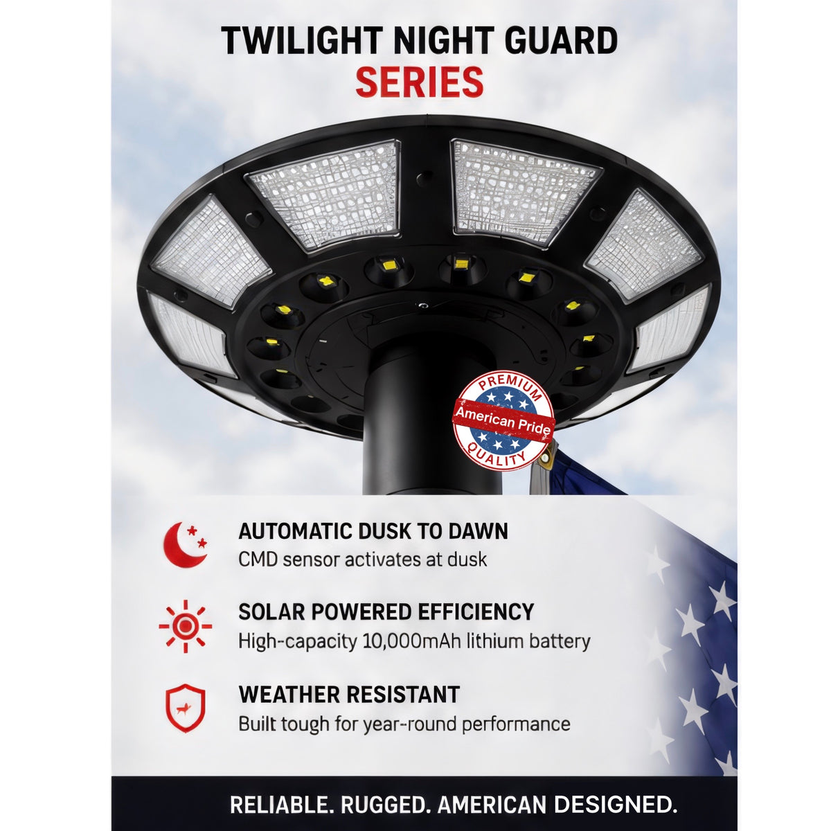 Twilight Night Guard Series solar light mounted atop a flagpole, viewed from below with flag attached