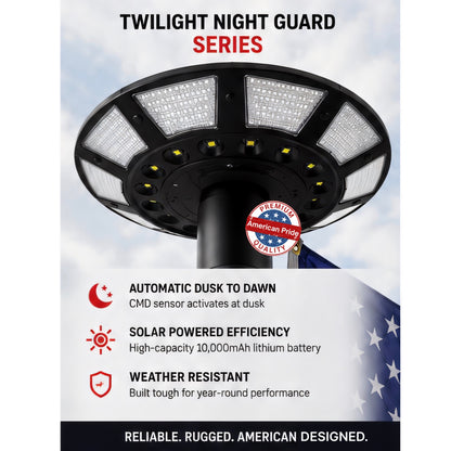 Twilight Night Guard Series solar light mounted atop a flagpole, viewed from below with flag attached