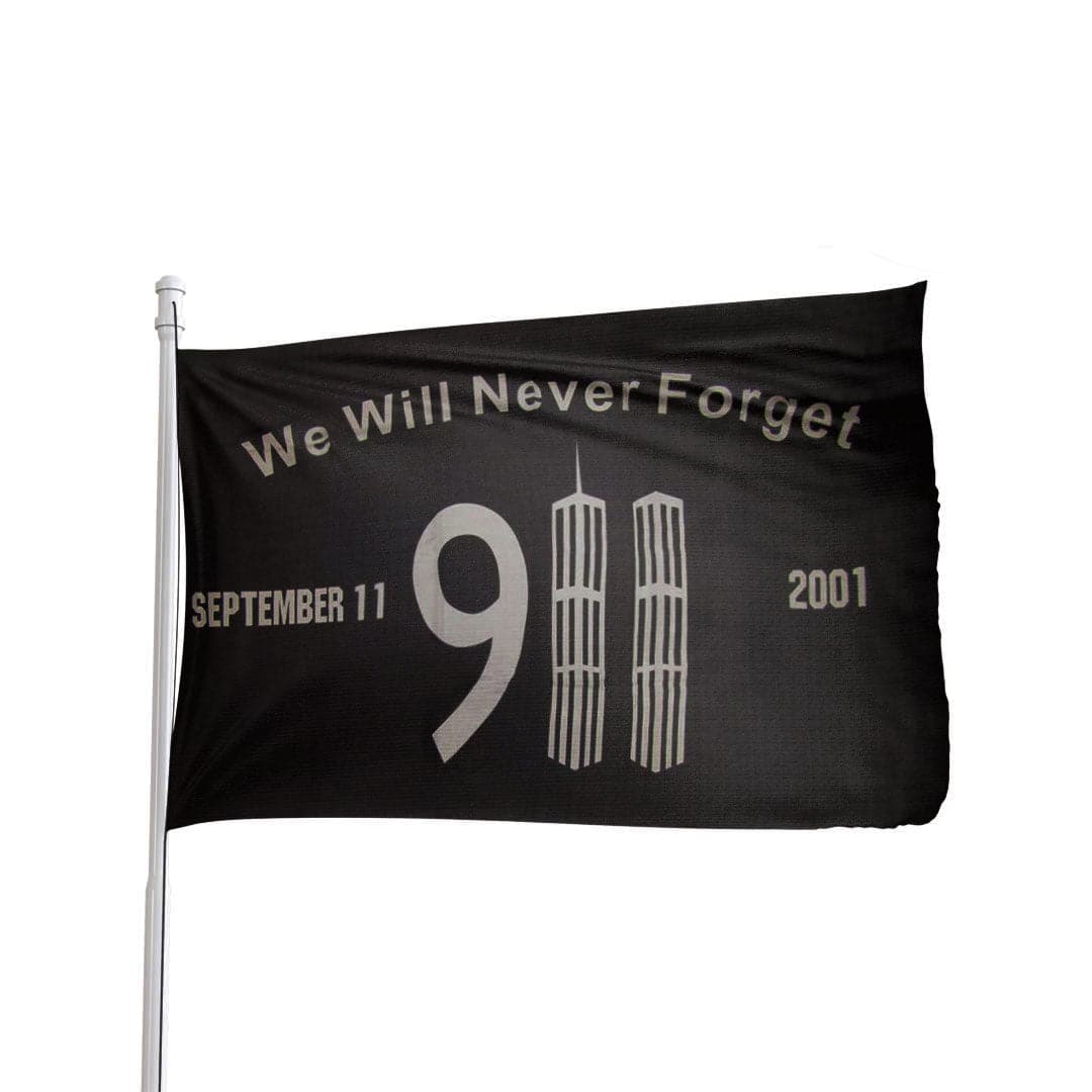 We Will Never Forget 9/11 commemorative black flag, 3FT x 5FT, featuring the Twin Towers and memorial text, by Atlantic Flag