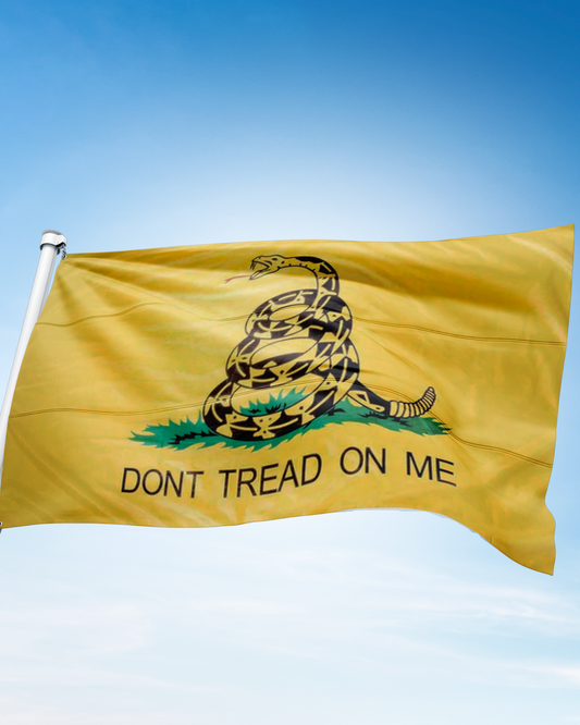Yellow Gadsden Flag featuring a rattlesnake and 'Don't Tread on Me' text, 3x5 size by Atlantic Flag & Pole Inc.