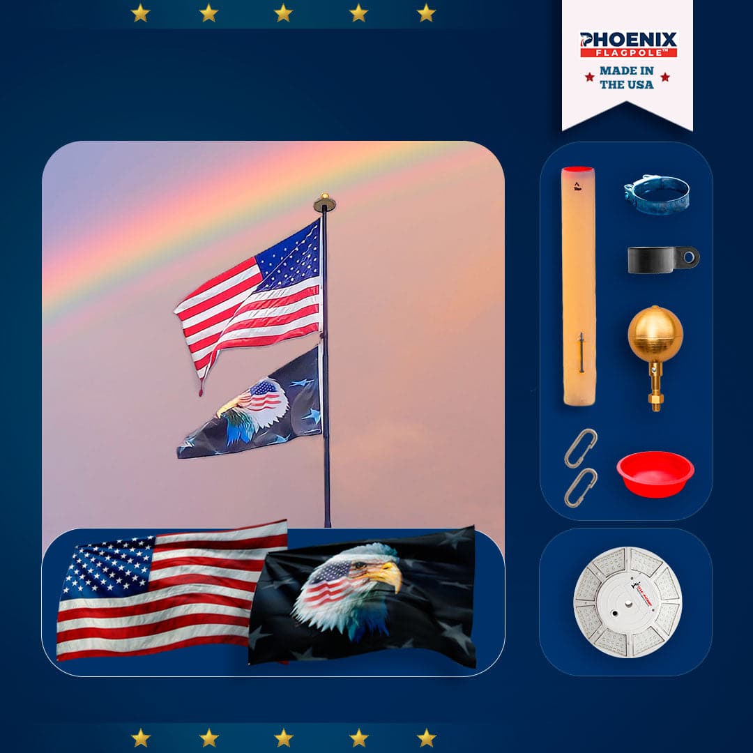 20' black bronze flagpole kit with American flag, eagle flag, and solar light from Atlantic Flagpole