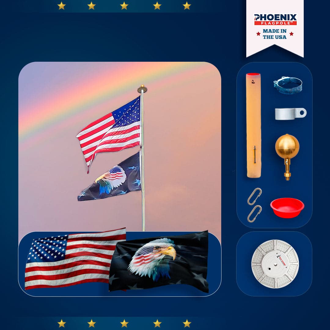 20' black bronze flagpole kit with American and eagle flags, solar light attachment, by Atlantic Flagpole