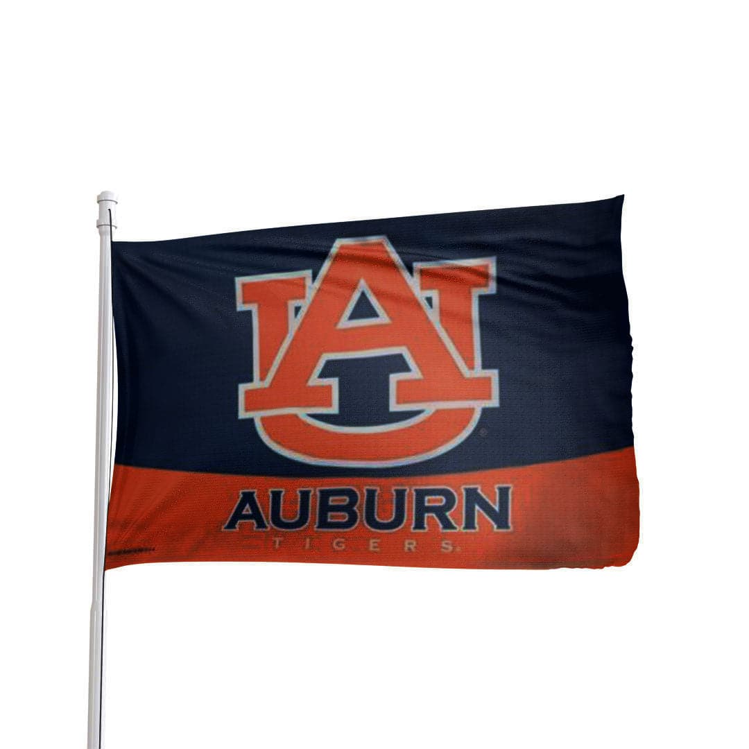 Premium 3x5 NCAA flag featuring Auburn Tigers logo on vibrant orange and blue background by Atlantic Flag & Pole Inc.