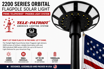 2200 Series Orbital flagpole solar light spec sheet with installed light and American flag photo