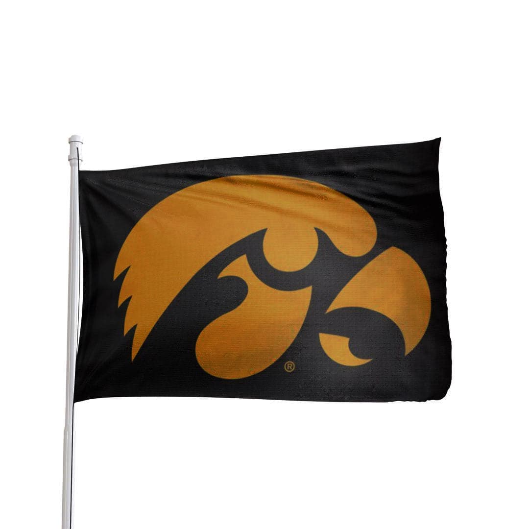 Iowa Hawkeyes 3x5 premium flag in black and gold, featuring team logo, by Atlantic Flag & Pole Inc.