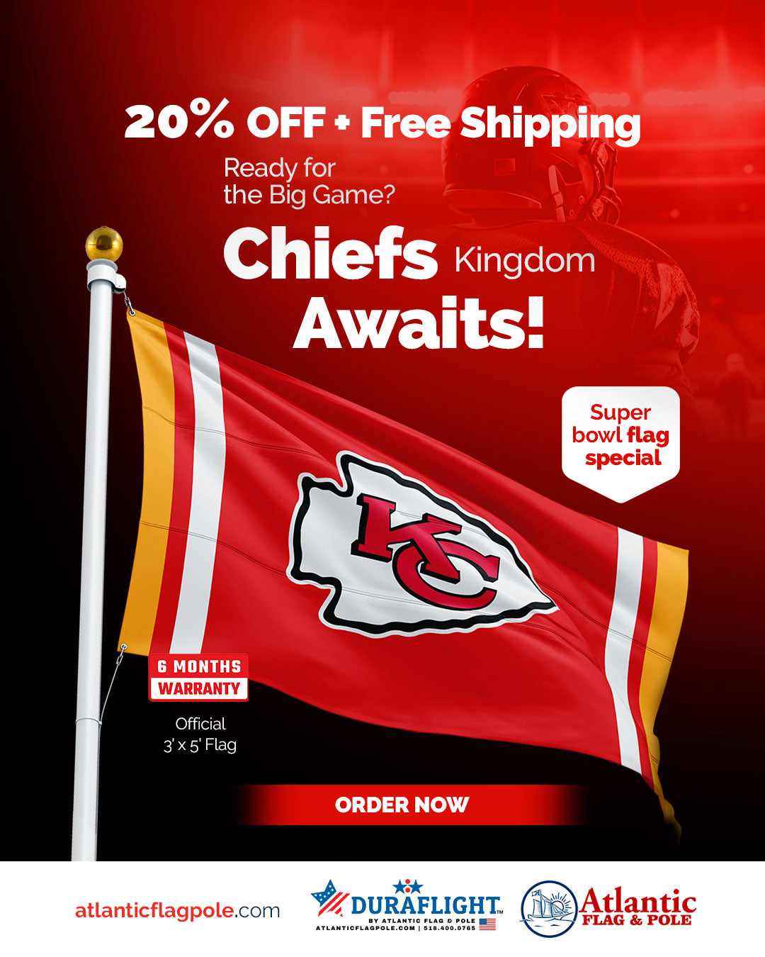 Red Kansas City Chiefs flag featuring team logo and vibrant colors by Atlantic Flag & Pole Inc.