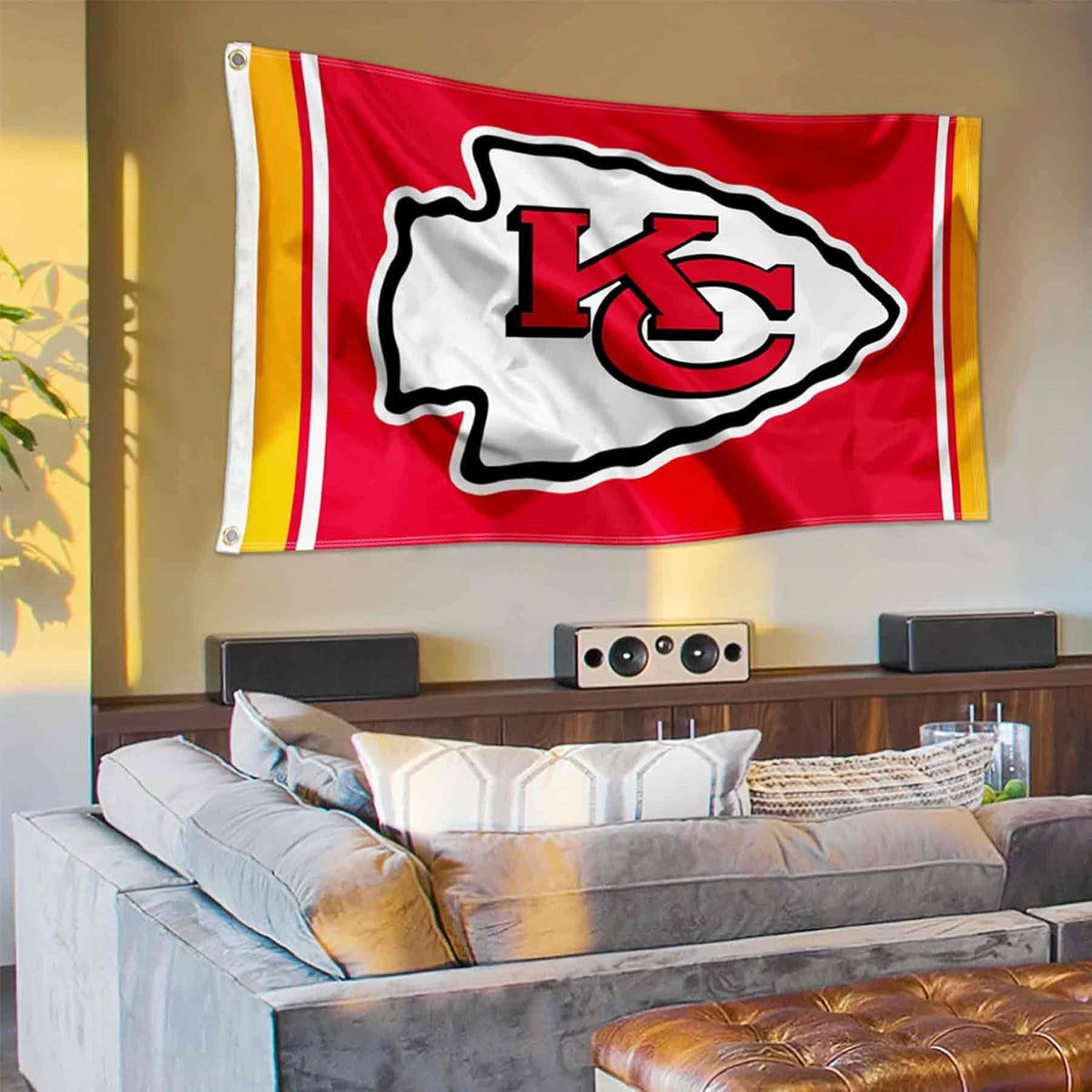 Red Kansas City Chiefs flag featuring team logo, by Atlantic Flag & Pole Inc.