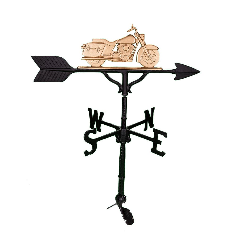 Gold motorcycle on top of a black Motorcycle Weathervane base for sale