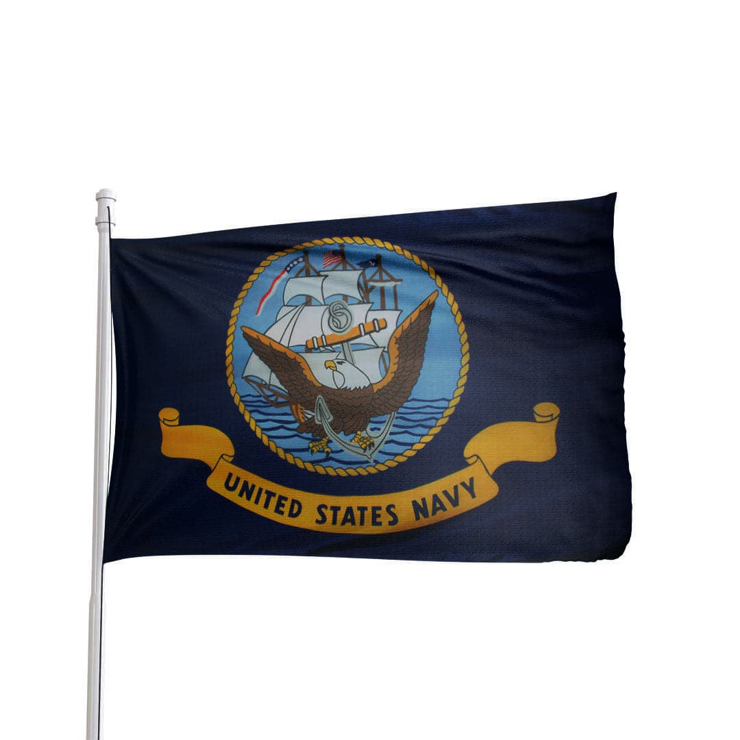 United States Navy flag by Atlantic Flagpole with navy blue background and detailed emblem featuring an eagle and ship.