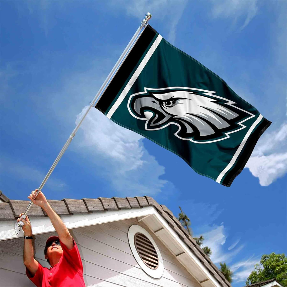Philadelphia Eagles flag by Atlantic Flag & Pole Inc., features vibrant green and white colors with team logo.