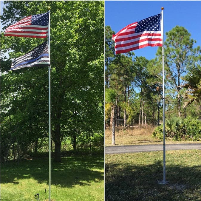 20-foot silver aluminum telescoping flagpole by Atlantic Flagpole with internal halyard system