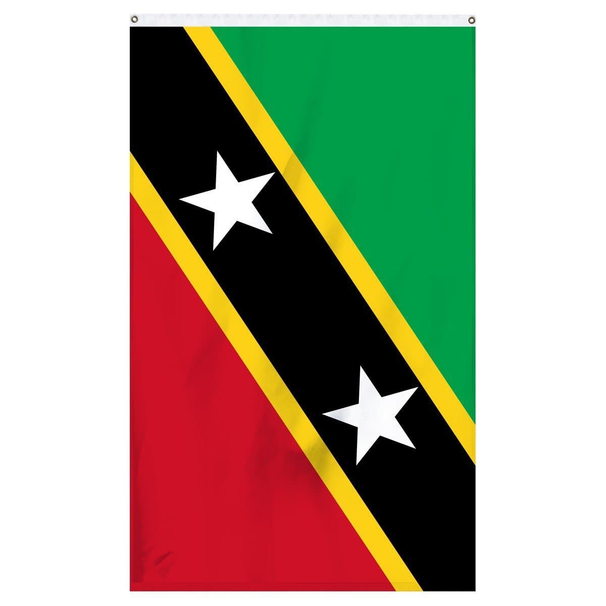 Saint Kitts and Nevis national flag for sale to buy online. Green, yellow, black, and red flag with two white stars.