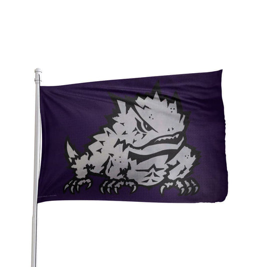 Purple and white TCU Horned Frogs 3x5 flag by Atlantic Flag & Pole Inc. with NCAA team logo and durable fabric.