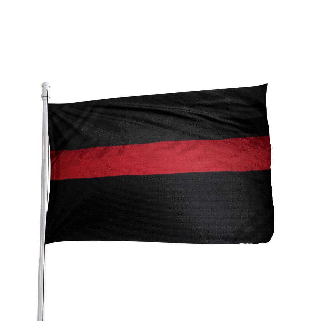 Thin Red Line Flag by Atlantic Flag & Pole Inc., featuring a bold red line on a black background, representing firefighters.