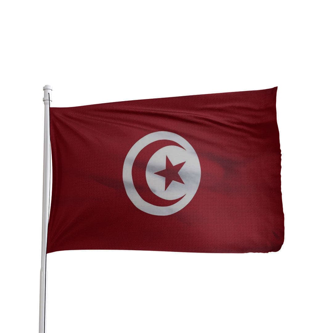Red and white Tunisia flag with crescent and star, branded by Atlantic Flag & Pole Inc.