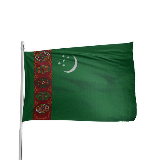 Turkmenistan flag featuring green, red, and white colors with traditional patterns, by Atlantic Flag & Pole Inc.