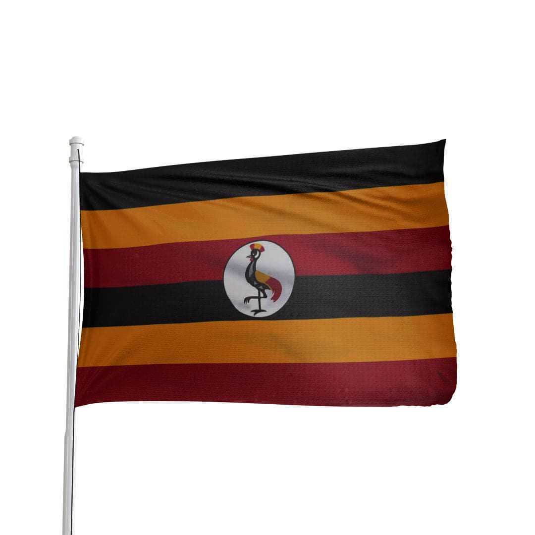 Uganda flag featuring black, yellow, and red colors with the national emblem, by Atlantic Flag & Pole Inc.