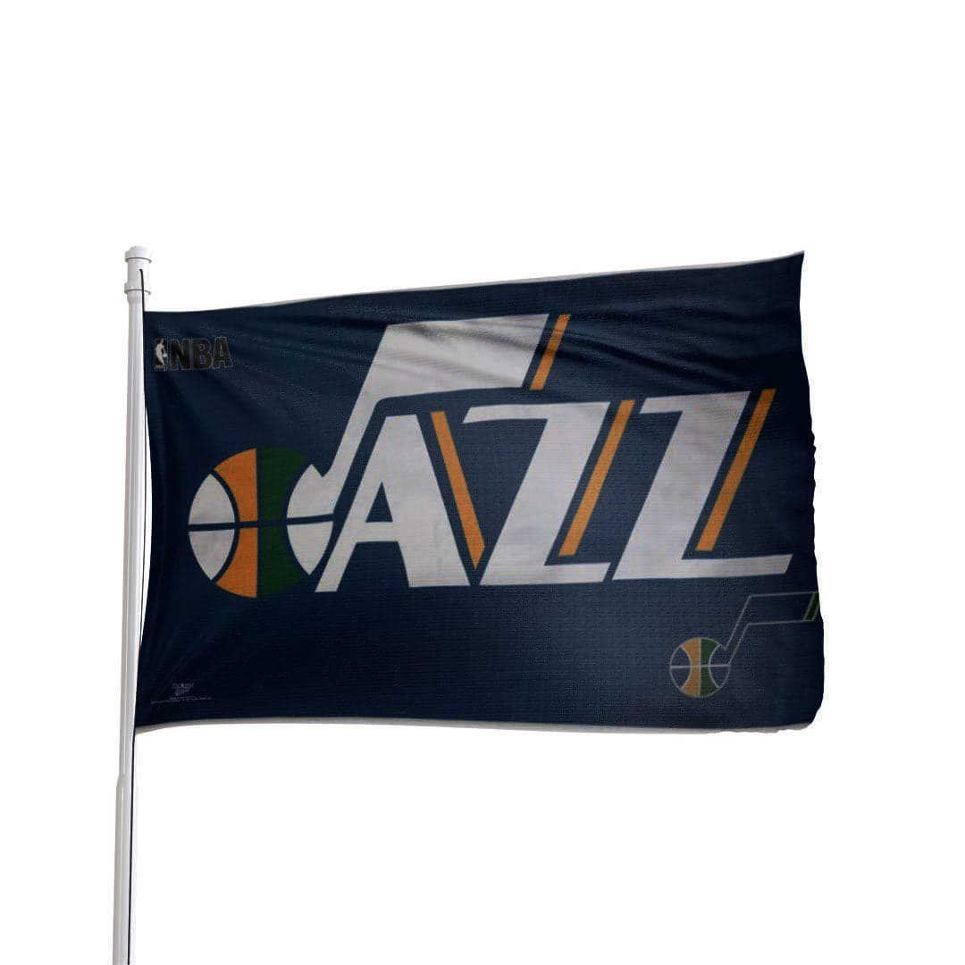 Utah Jazz 3x5 premium nylon flag with grommets, featuring the team's logo and colors.
