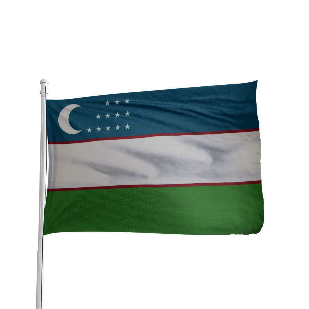Uzbekistan flag in vibrant colors with crescent and stars, by Atlantic Flag & Pole Inc.
