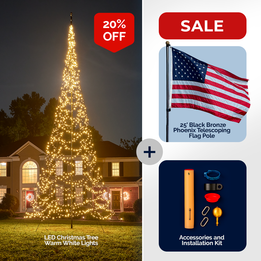 LED Christmas tree kit with warm white lights on 25' black bronze flag pole by Atlantic Flagpole.