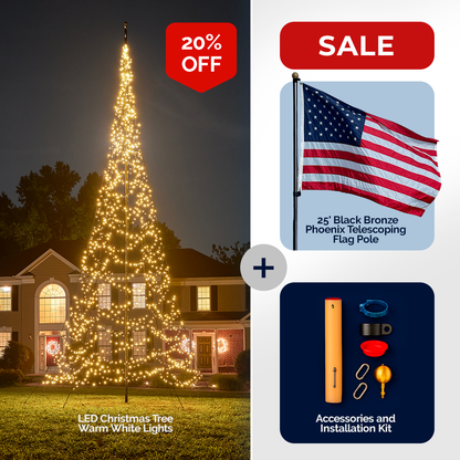 LED Christmas tree kit with warm white lights on 25' black bronze flag pole by Atlantic Flagpole.