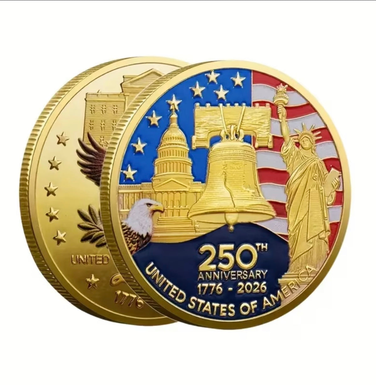 America 250 Commemorative Challenge Coin front and back, 1776-2026 Liberty Bell and bald eagle design