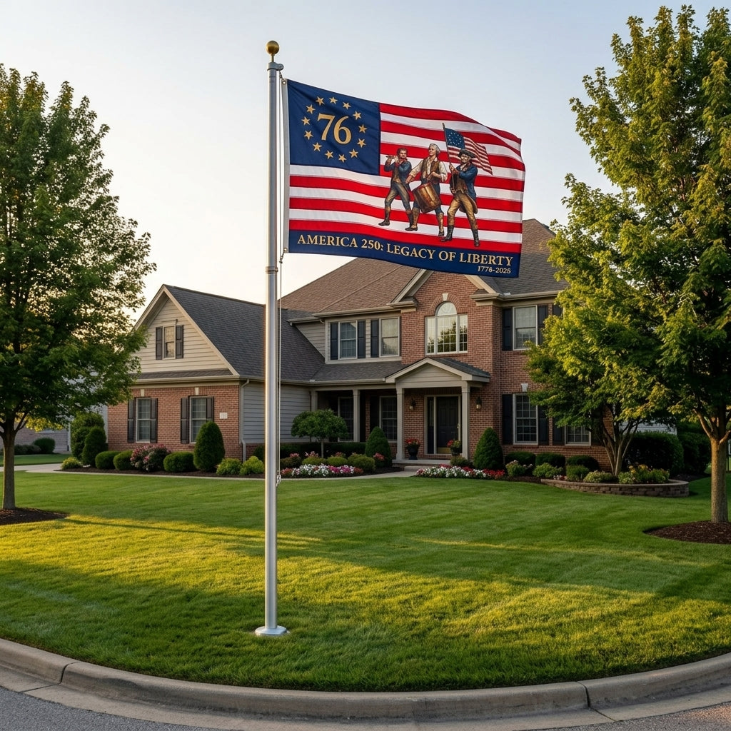 America 250 Legacy of Liberty flag flying in a patriotic front yard