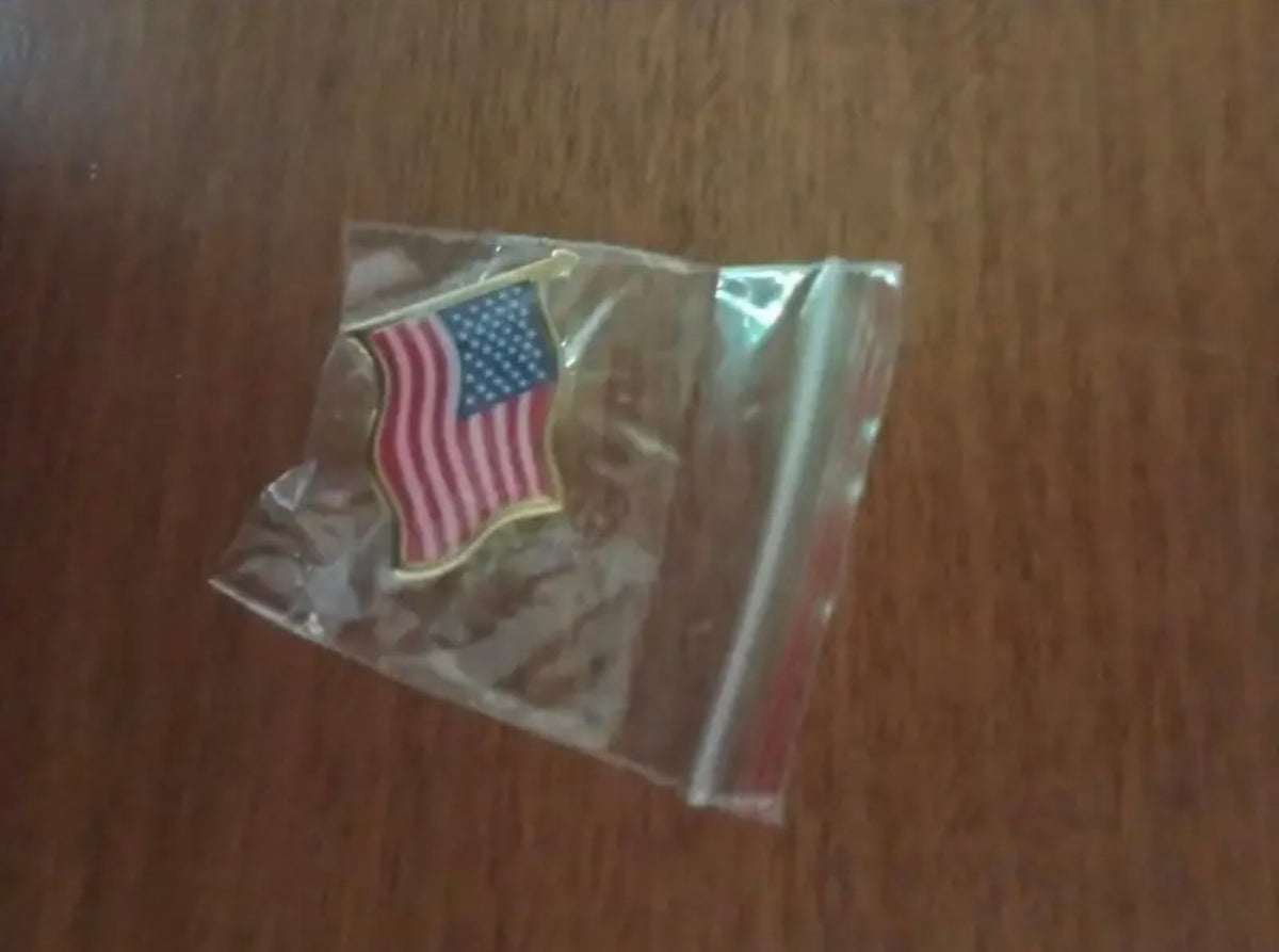 American Flag Lapel Pin in protective packaging