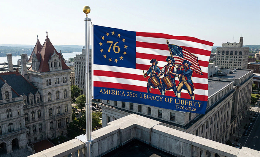 America 250th Legacy of Liberty flag flying on building — limited edition commemorative flag