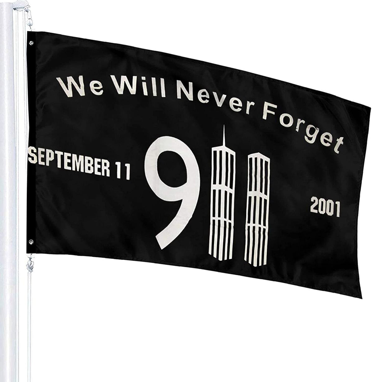 Black 3FT x 5FT commemorative flag with "We Will Never Forget" and September 11th graphic by Atlantic Flagpole.