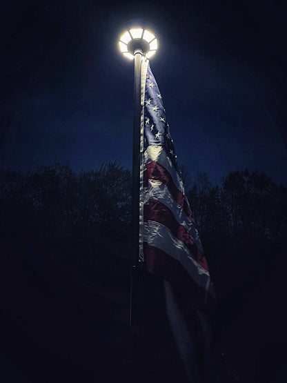 Atlantic Flagpole TelePatriot 800 Series solar flagpole light with 200 LEDs, waterproof IP65, available in white, black, and