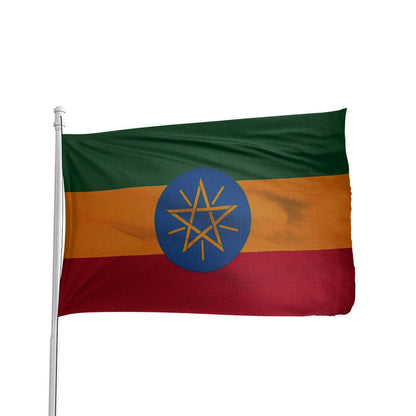 Vibrant Ethiopia flag featuring green, yellow, and red stripes with the national emblem, by Atlantic Flag & Pole Inc.