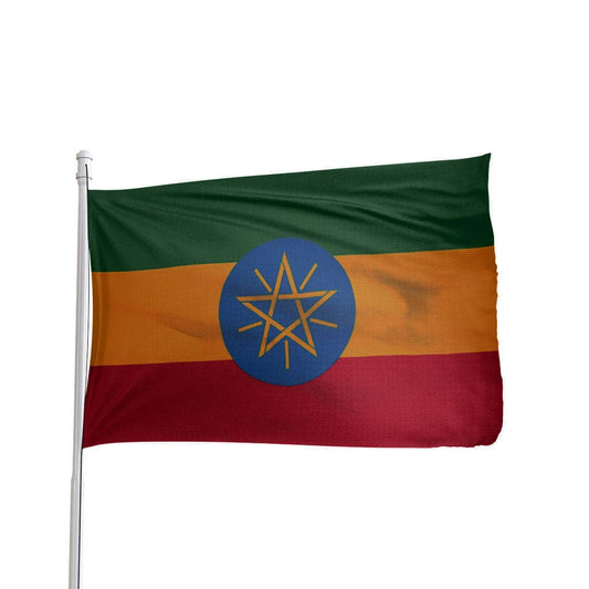 Vibrant Ethiopia flag featuring green, yellow, and red stripes with the national emblem, by Atlantic Flag & Pole Inc.