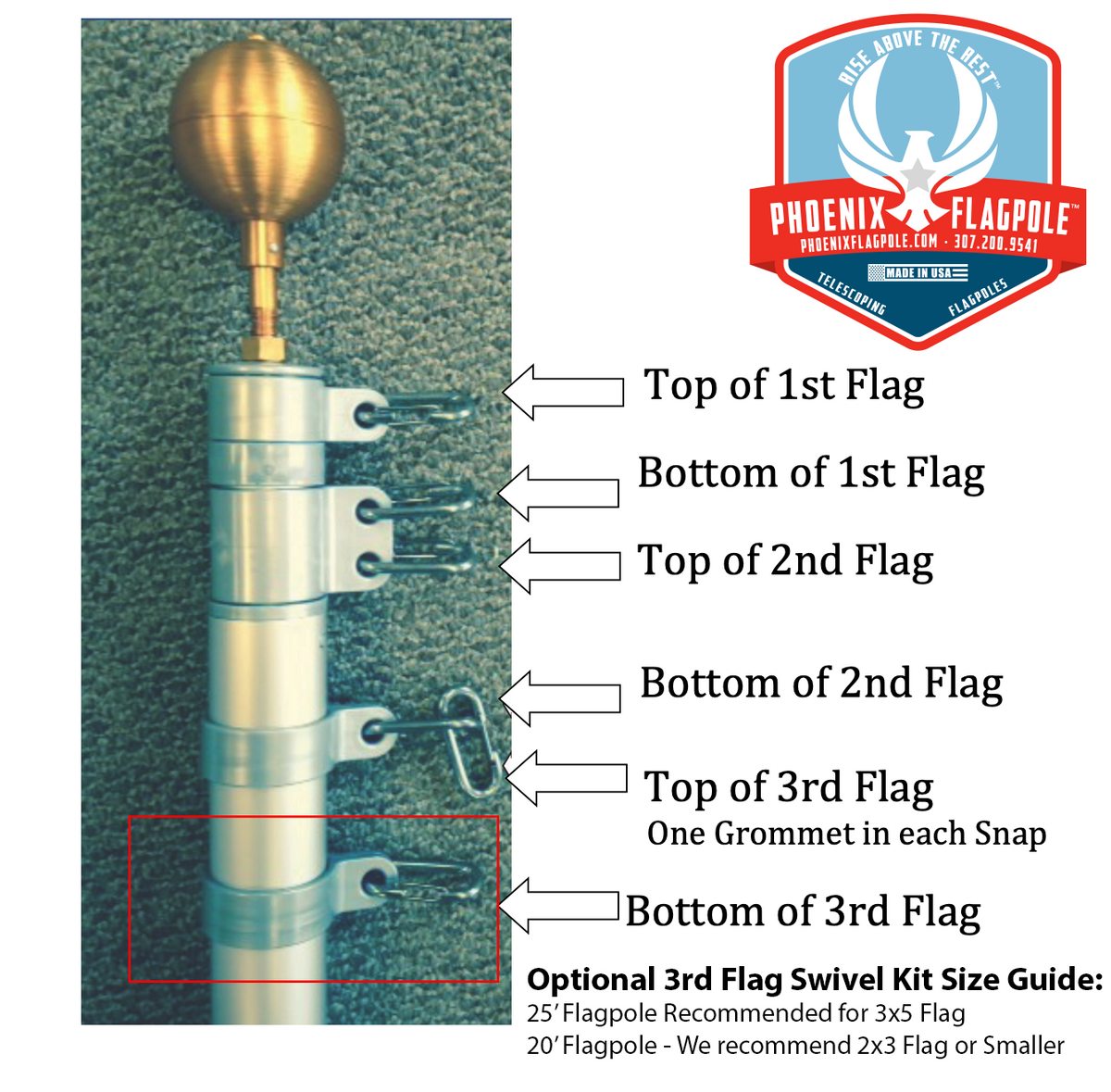 Third Flag Attachment Swivel Kit for 25ft telescoping flagpoles in black bronze by Atlantic Flag & Pole Inc.