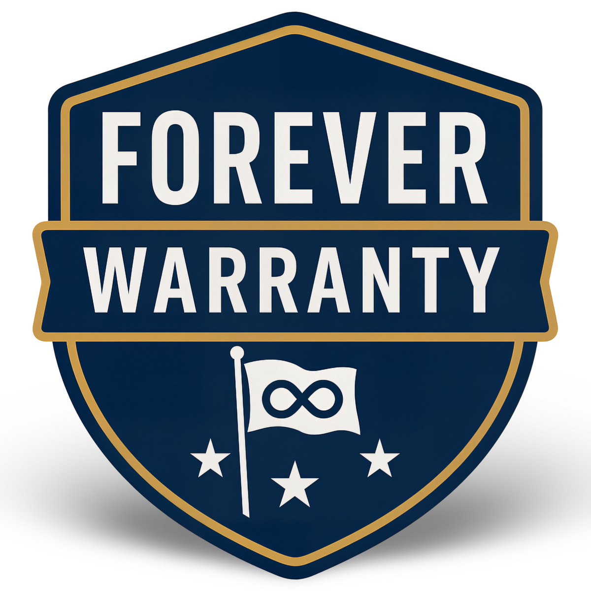 Navy blue shield badge featuring "Forever Warranty" text and an infinity symbol with a flag and stars.