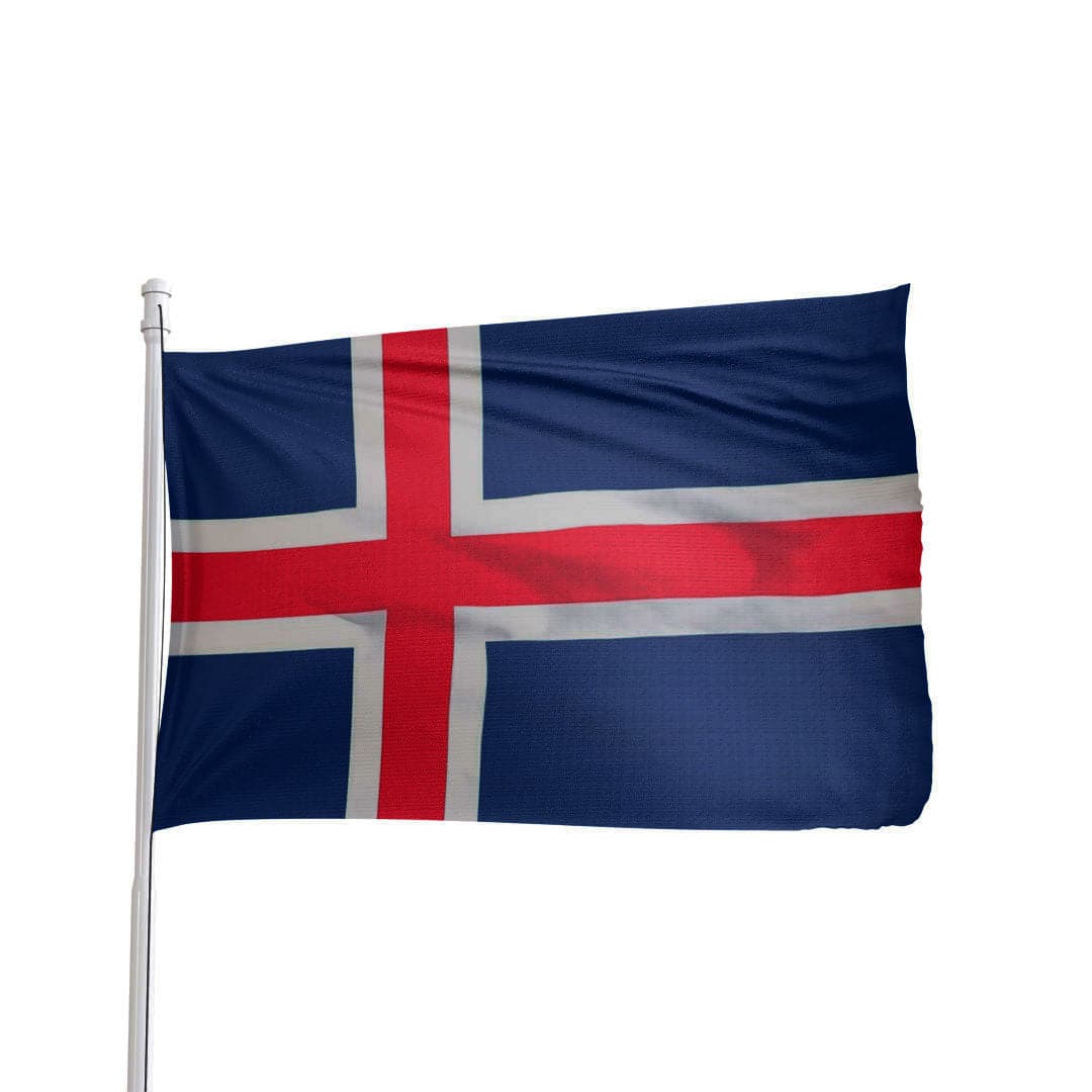 Iceland flag featuring blue background, red cross, and white borders by Atlantic Flagpole.