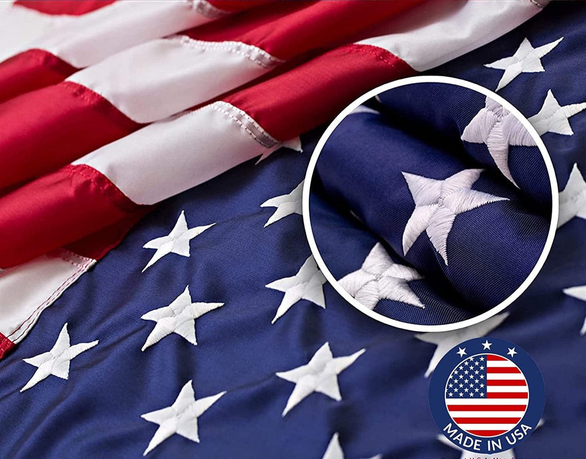 Large nylon American flag by Atlantic Flag and Pole Inc, featuring vibrant red, white, and blue colors, available in multipl