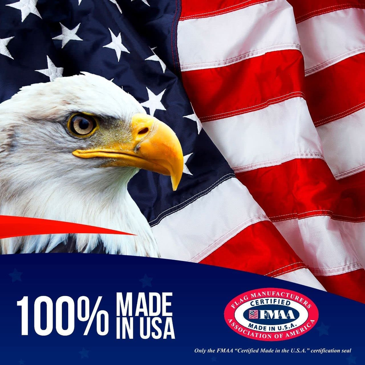 Nylon large American flag with vibrant colors, brand Atlantic Flag and Pole Inc, available in multiple sizes.
